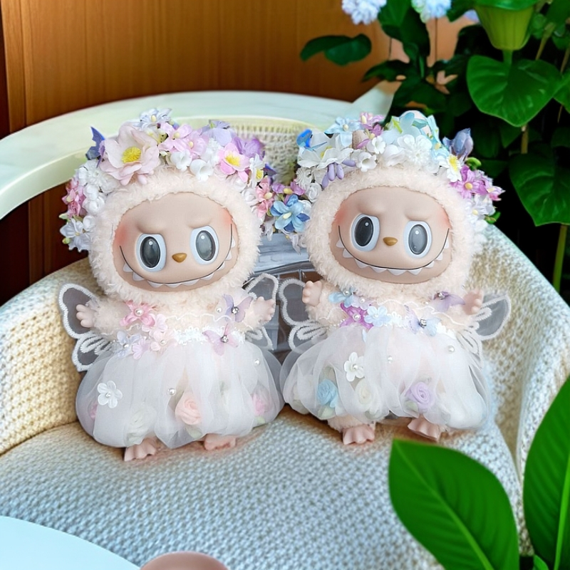Pastel Macaron Sitting Party Blind Box Set - Labubu Doll Fairy Butterfly Dress with Hairpin Flower (Vinyl Figure Outfit)