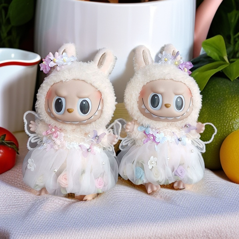 Pastel Macaron Sitting Party Blind Box Set - Labubu Doll Fairy Butterfly Dress with Hairpin Flower (Vinyl Figure Outfit)
