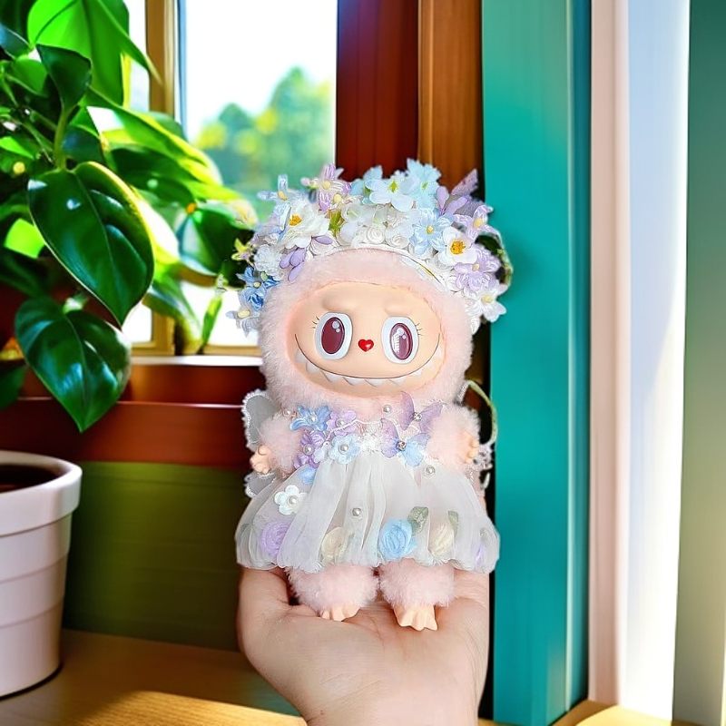 Pastel Macaron Sitting Party Blind Box Set - Labubu Doll Fairy Butterfly Dress with Hairpin Flower (Vinyl Figure Outfit)