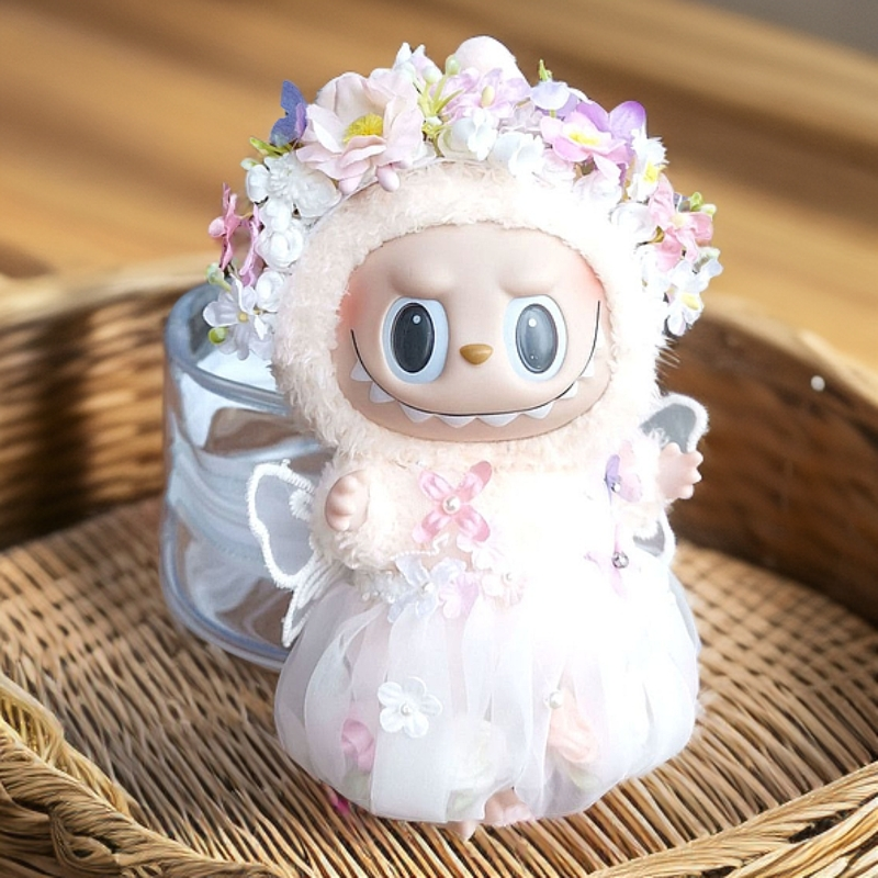 Pastel Macaron Sitting Party Blind Box Set - Labubu Doll Fairy Butterfly Dress with Hairpin Flower (Vinyl Figure Outfit)