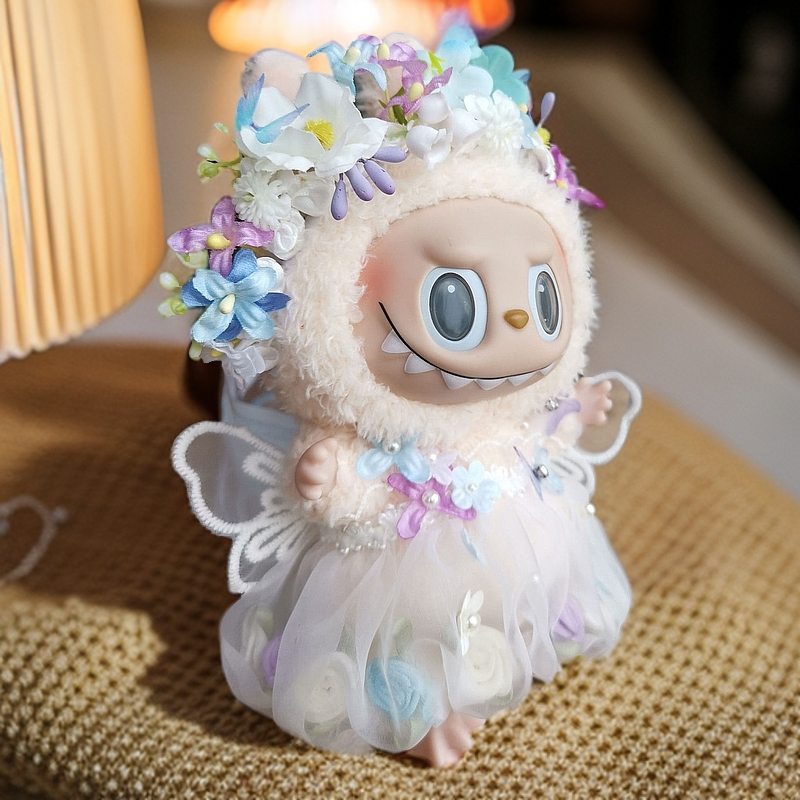 Pastel Macaron Sitting Party Blind Box Set - Labubu Doll Fairy Butterfly Dress with Hairpin Flower (Vinyl Figure Outfit)