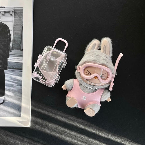 17cm Labubu Keychain Doll Outfit - Chanel-Style Diving Suit Set (Luxury Vinyl Costume for Blind Box Figures)