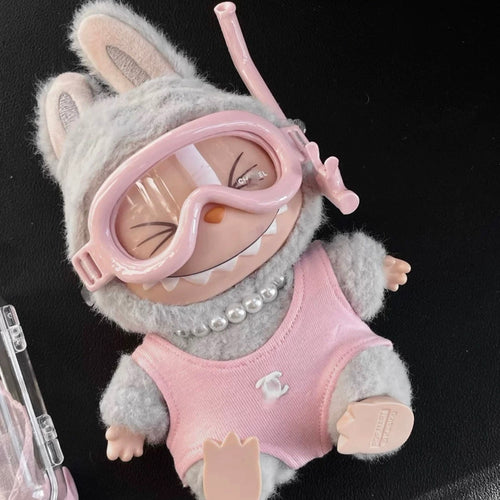17cm Labubu Keychain Doll Outfit - Chanel-Style Diving Suit Set (Luxury Vinyl Costume for Blind Box Figures)